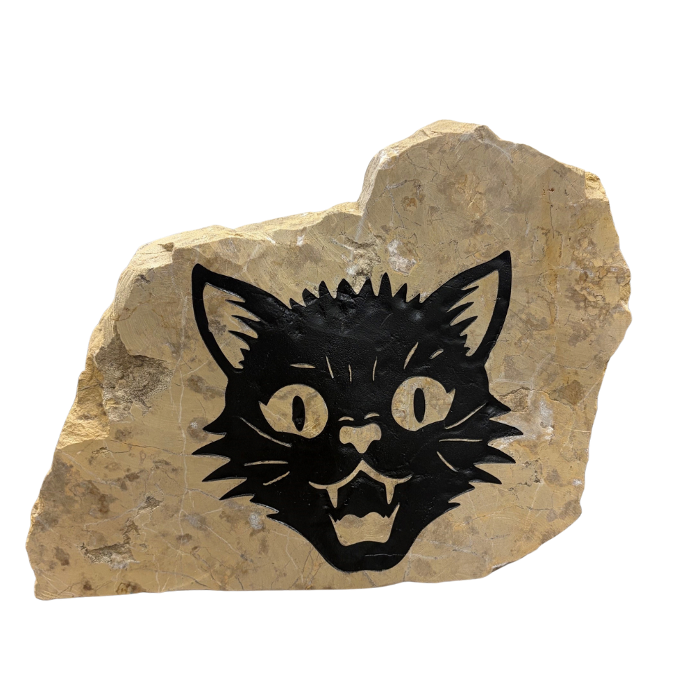 Scary Black Cat Engraved Stone